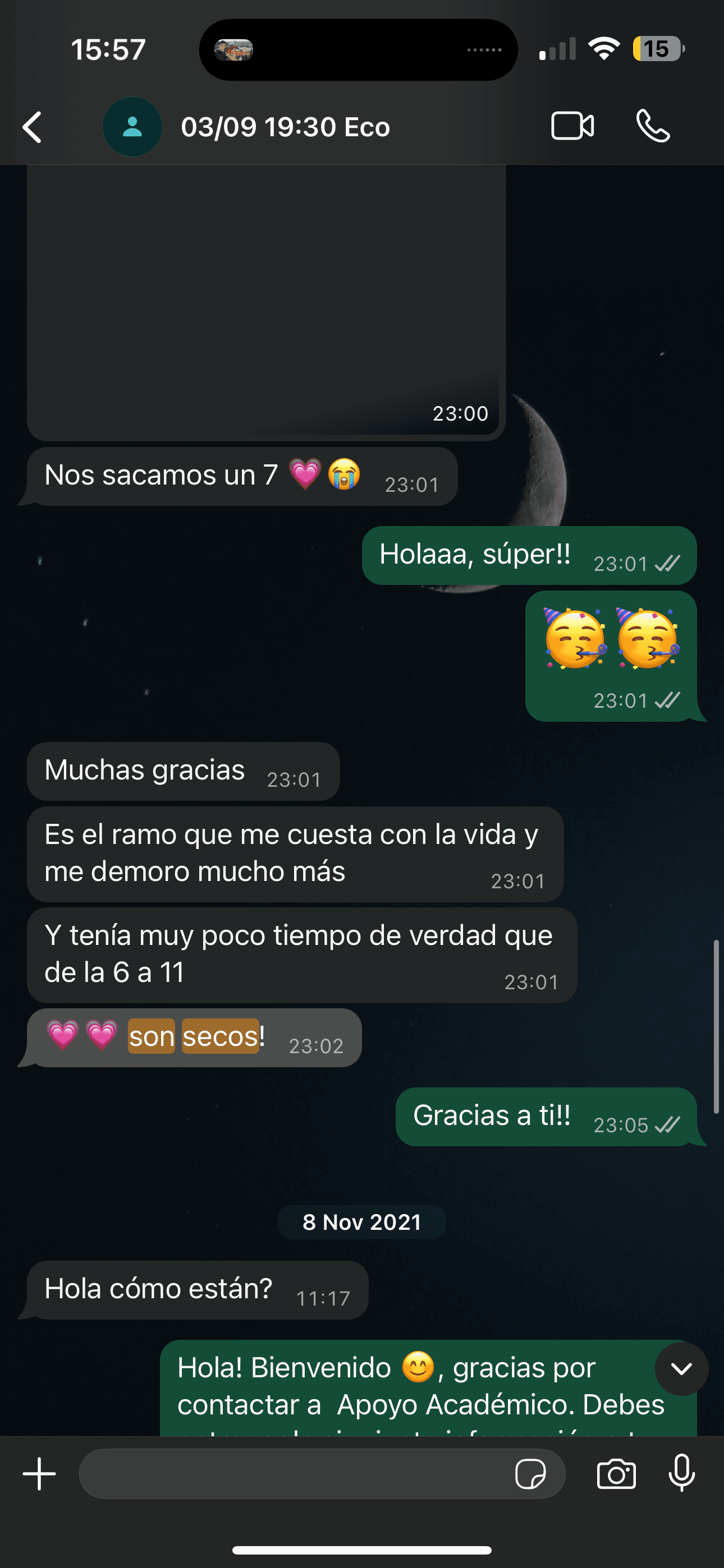 Conversación de WhatsApp donde una clienta cuenta que se sacó un 7 y agradece al equipo